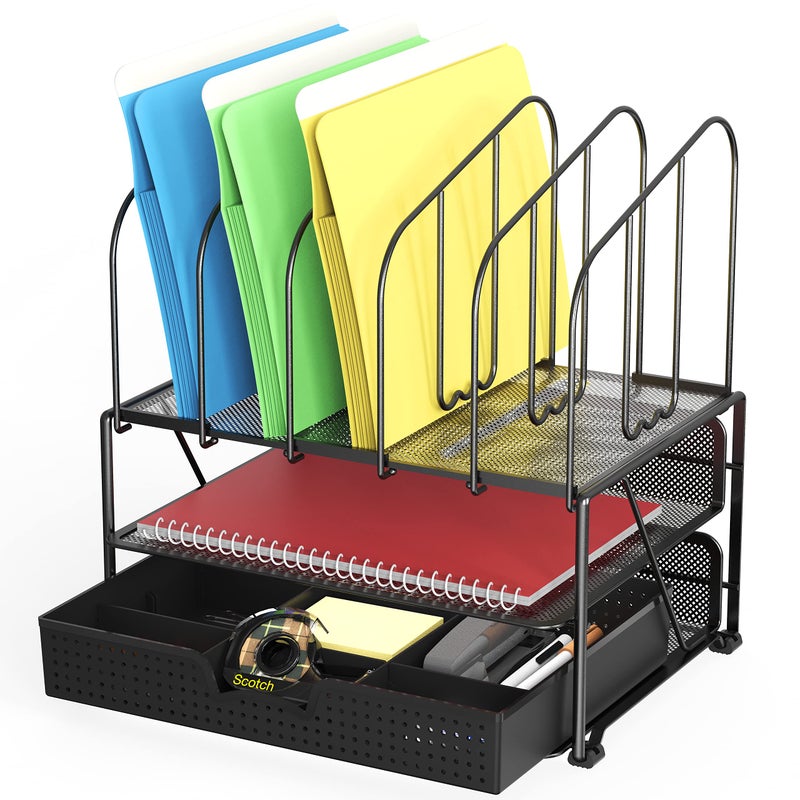 Deco Brothers Mesh Desk Organizer with Double Tray, 5 Upright Sections and Sliding Drawer, Black - Image 1